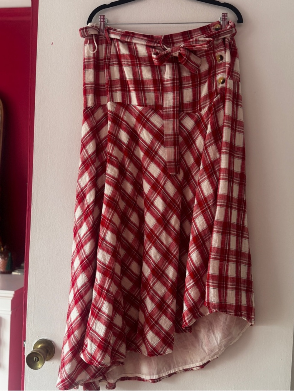 Free People Red and White Asymmetrical Plaid Skirt with Waist Tie and drop waist